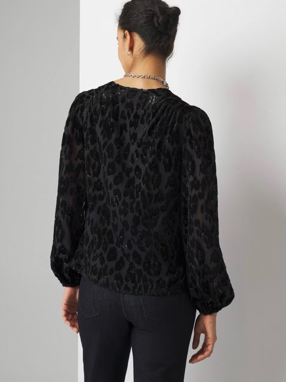 WHBM Black Burnout Animal-Print V-Neck Blouse - Long sleeve w elastic cuffs - Picture 6 of 12